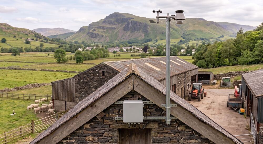Illustrative concept: a solar-powered heardhere station mounted on a farm barn