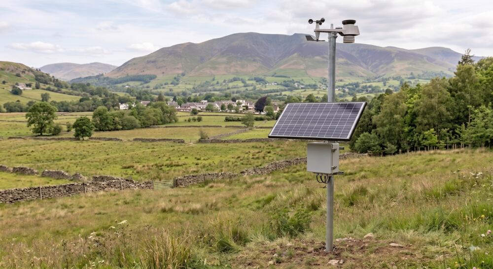 Illustrative concept: a solar-powered heardhere station on a hillside nature reserve