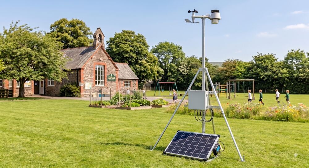 Illustrative concept: a solar-powered heardhere station on a school playing field